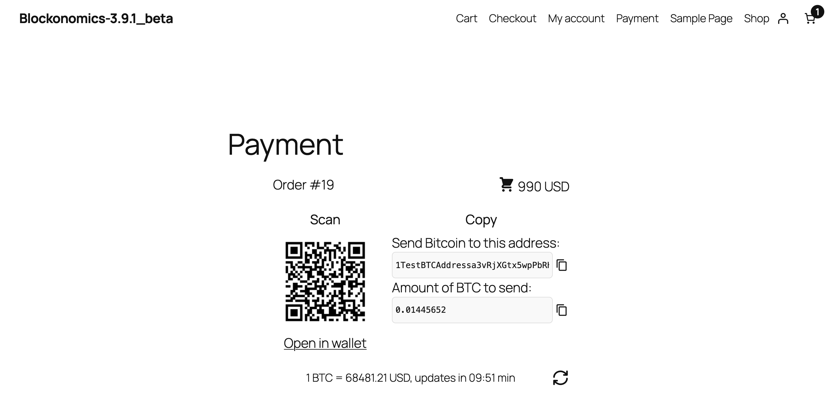 BTC checkout showing test address and amount