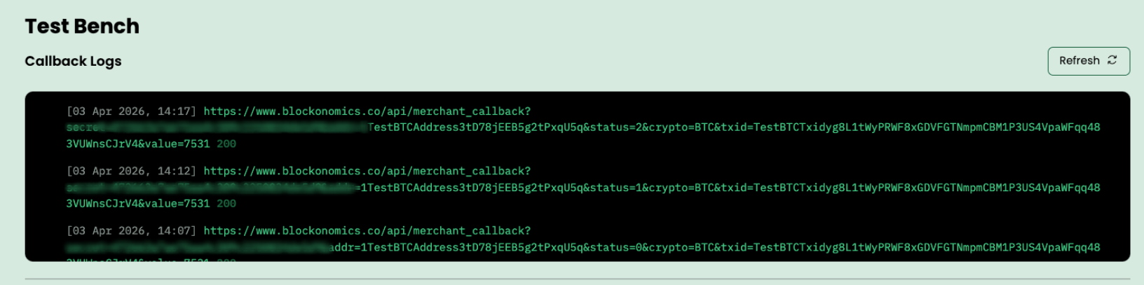 Callback logs showing three status callbacks, each returning 200