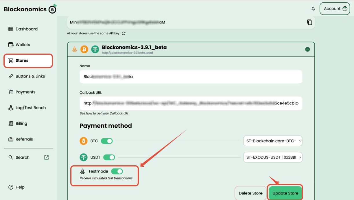 Enable Testmode toggle in Blockonomics store settings