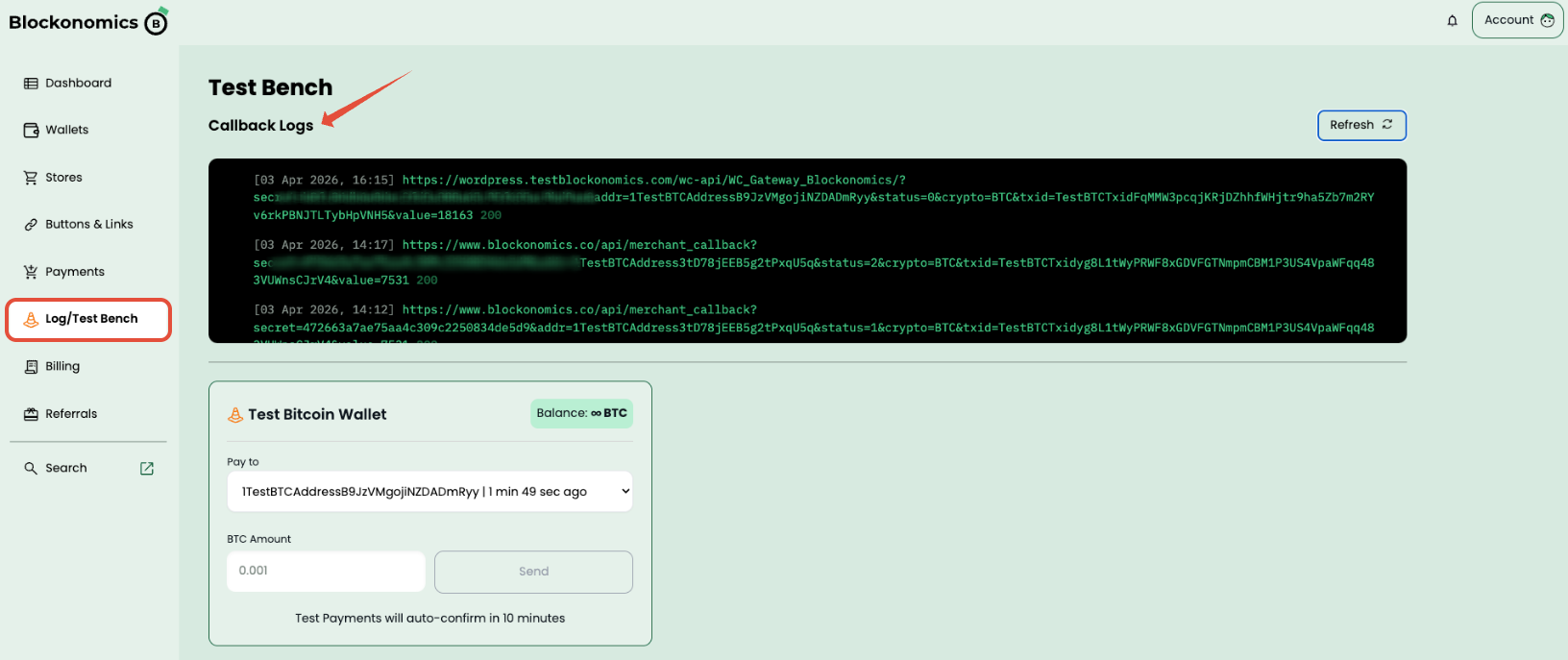 Test Bench showing callback logs and BTC wallet send form